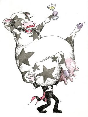 Illustration mit Kuh und Mann