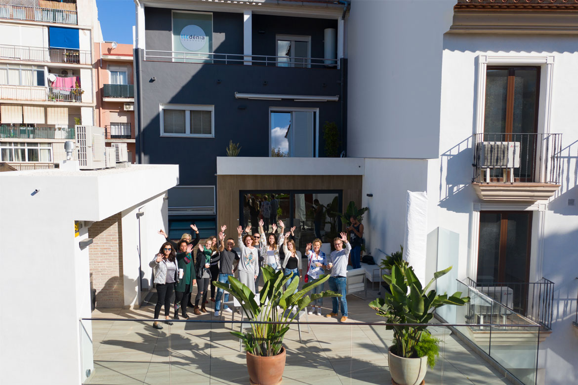 Students at the terrace of the school of Spanish TLCdénia in Spain, in Denia