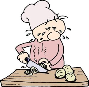 Illustration einer Person die Zwiebeln schneidet und weint